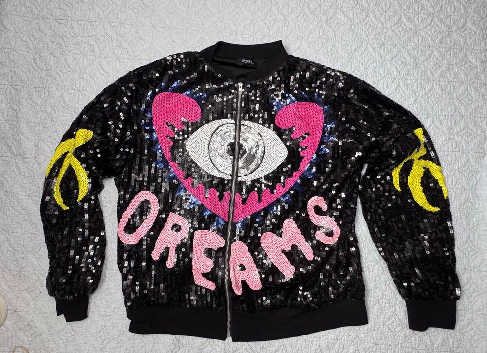 Phoebe J. Dreams Screams Multicolor Eye Sequin Zip Up Bomber Size L/XL - Unisex